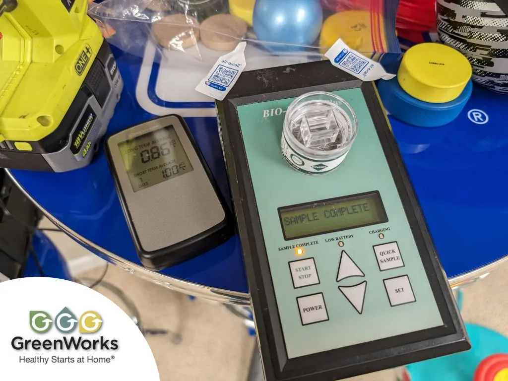 Air quality testing equipment and sample containers used during an indoor environmental inspection.