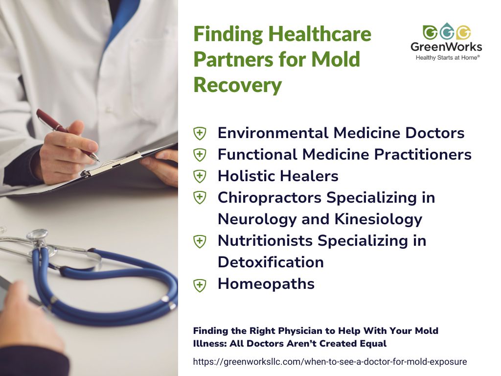 A healthcare professional discusses mold recovery options, listing various specialists like nutritionists and chiropractors.