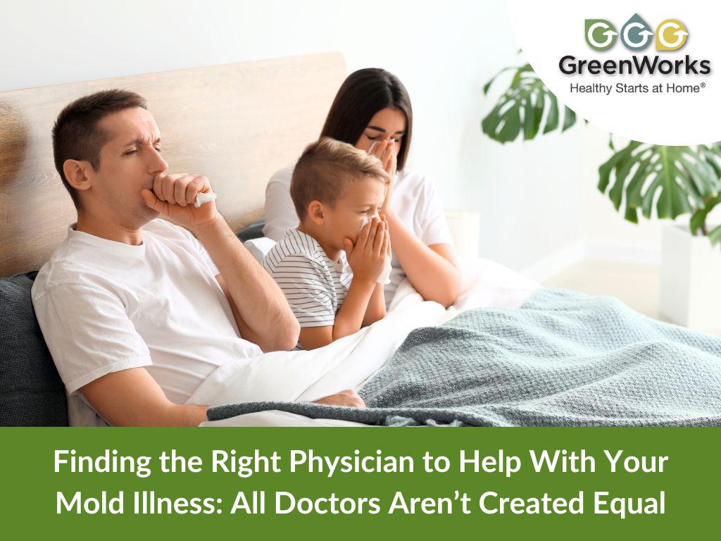 A family sits together on a bed under a blanket, looking concerned. A green banner below highlights finding the right physician.