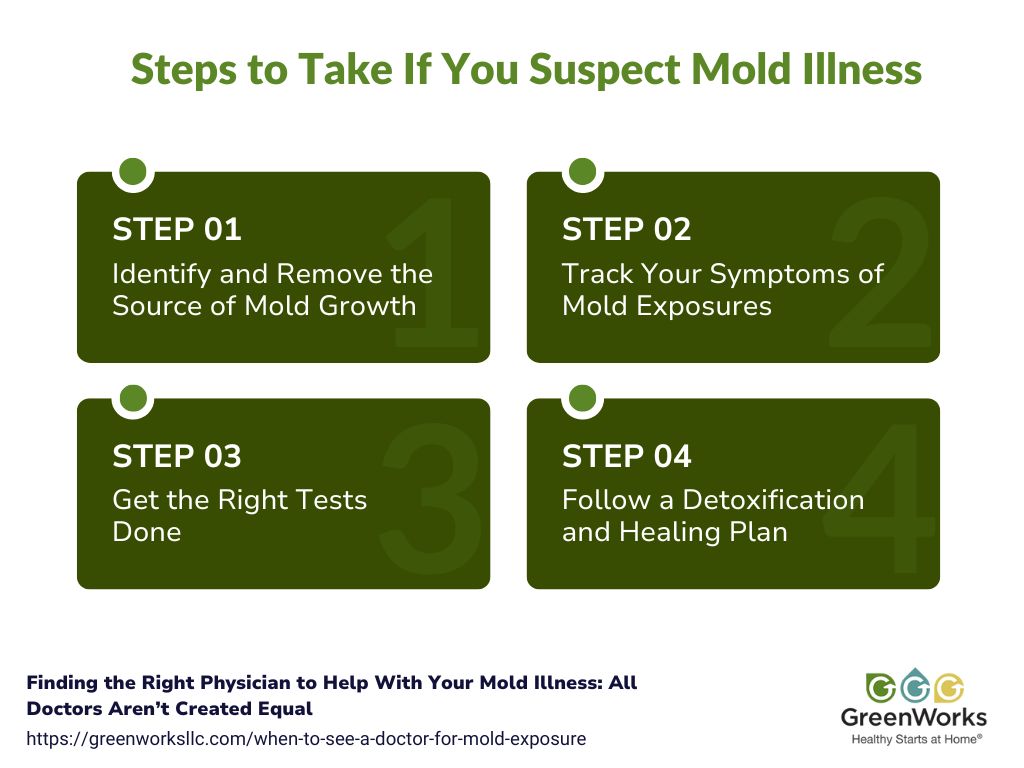 Infographic outlining four steps to take if you suspect mold illness: identify mold, track symptoms, get tested, and follow a detox plan.