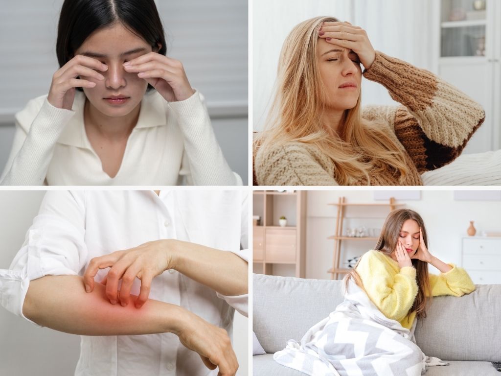 Indoor Air Quality Testing Vs. Mold Testing: What'S The Difference? 5 Collage showing people with allergy symptoms like headaches, eye irritation, and itchy skin.