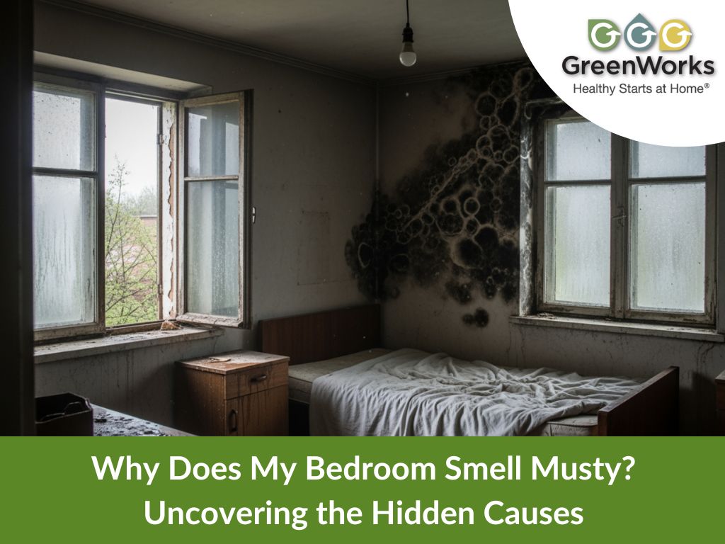 Bedroom with visible mold growth on walls, condensation on windows, and damp conditions causing musty odors