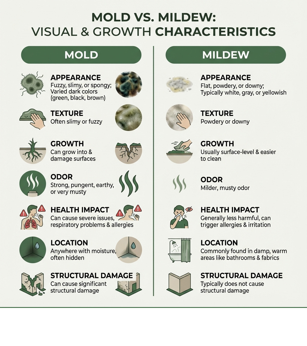 Comparing the visual and growth characteristics of mold and mildew - cause of musty smell in bedroom infographic