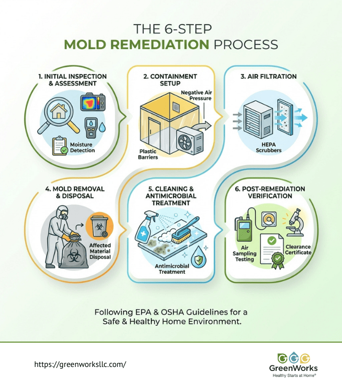 Greenworks infographic detailing the six-step mold remediation process from inspection to clearance testing.