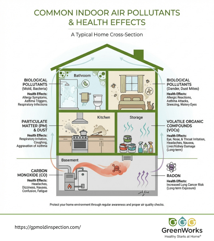 Home cross-section infographic highlighting mold, radon, vocs, carbon monoxide, and particulate matter sources.