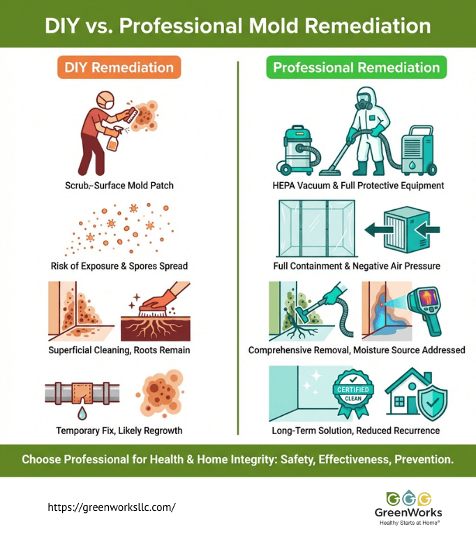 Greenworks infographic comparing diy mold removal versus professional mold remediation services.