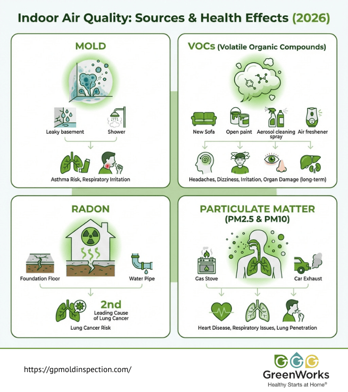 Infographic showing indoor air quality sources like mold, vocs, radon, and particulate matter with health effects.