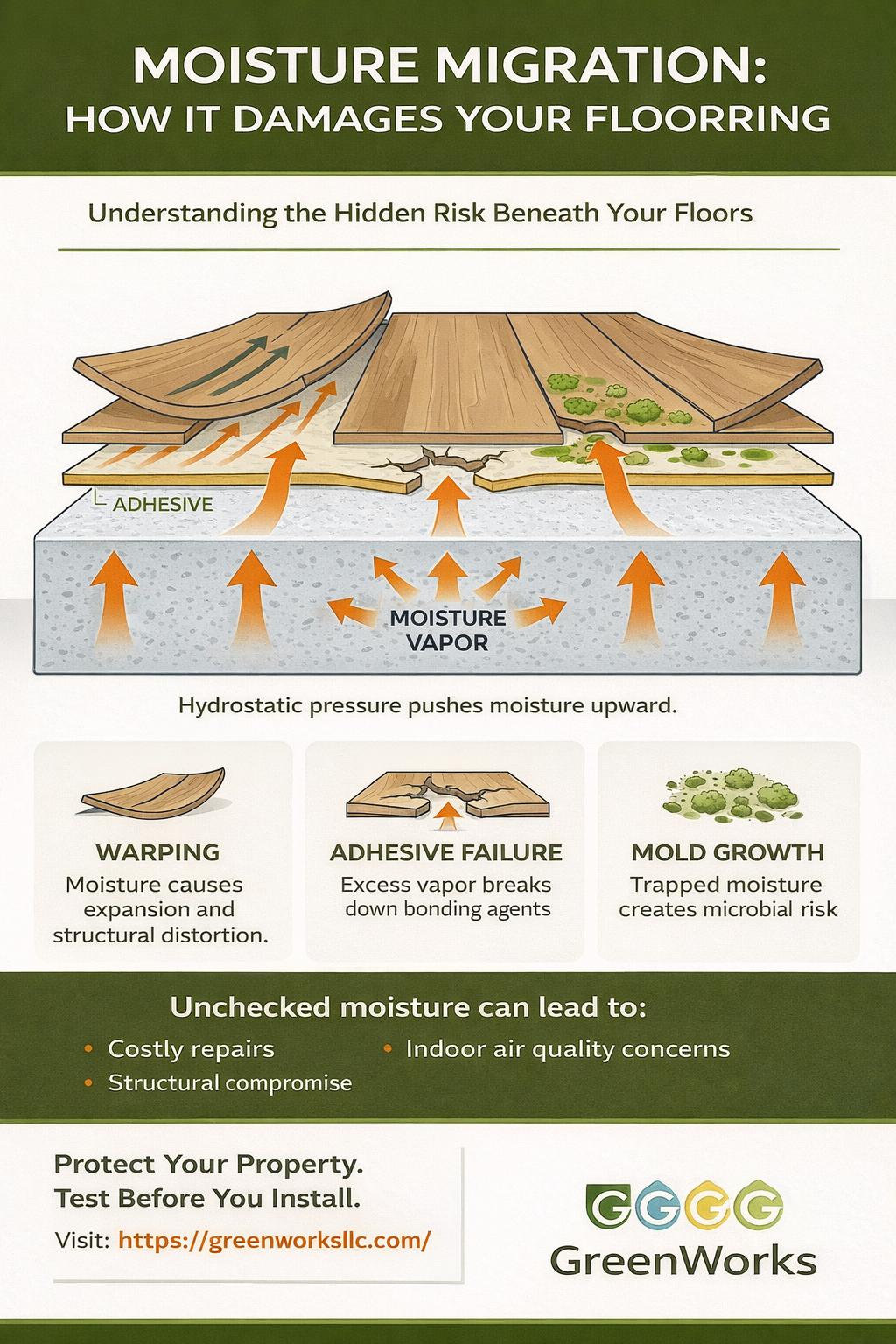 User-Inserted Infographic showing moisture vapor rising through concrete slab causing flooring warping, adhesive failure, and mold growth