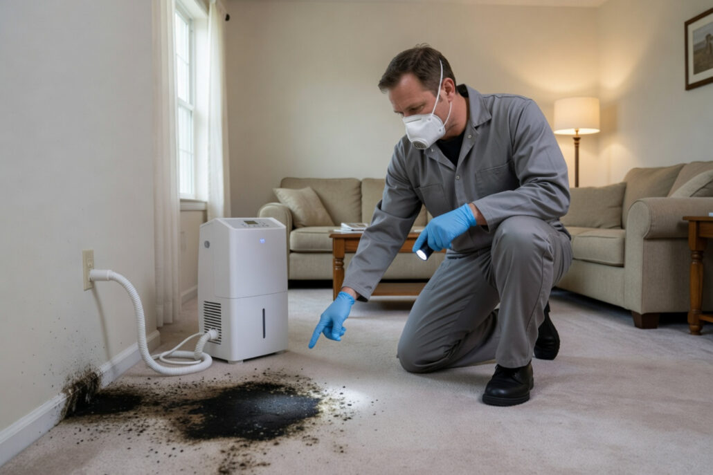 A man in a gray shirt and blue gloves cleans a dirty carpet while testing for mold contamination.