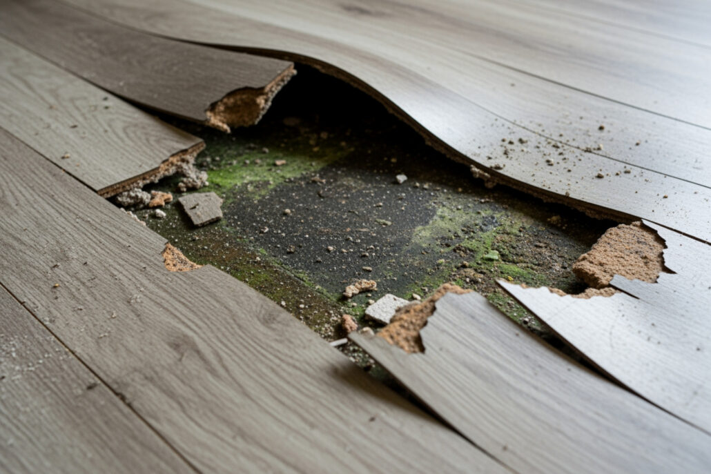 Don'T Get Floored: Your Guide To Concrete Moisture Testing 1 A hole in the wooden floor with green mold growth emerging from it, indicating moisture damage.