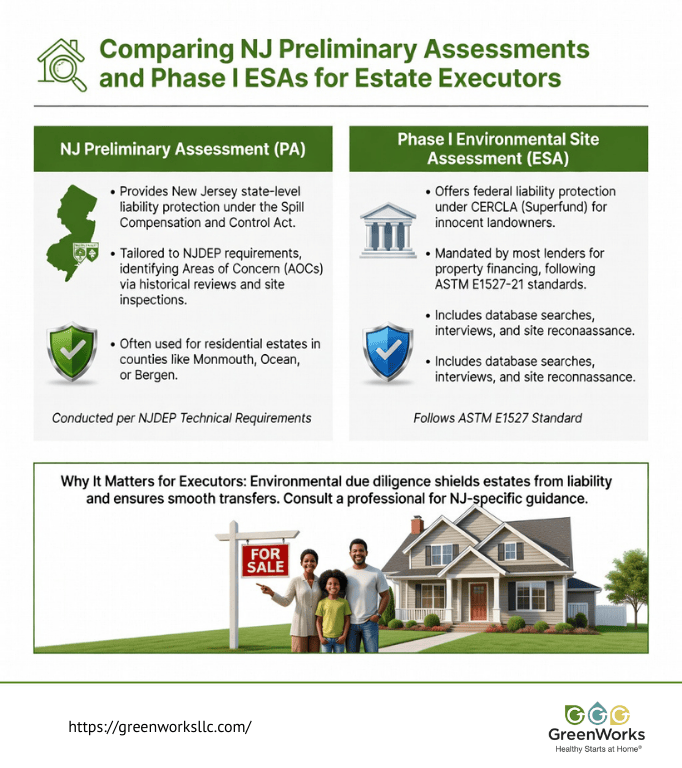 User-Inserted Infographic comparing nj preliminary assessment and phase i esa for estate executors, outlining liability protections, standards, and due diligence requirements.