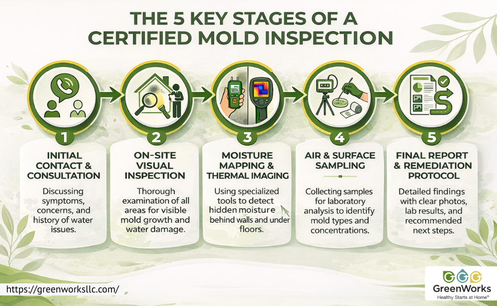 User-Inserted Infographic showing the 5 key stages of a certified mold inspection, including consultation, inspection, moisture mapping, sampling, and final report, with green and white accents.