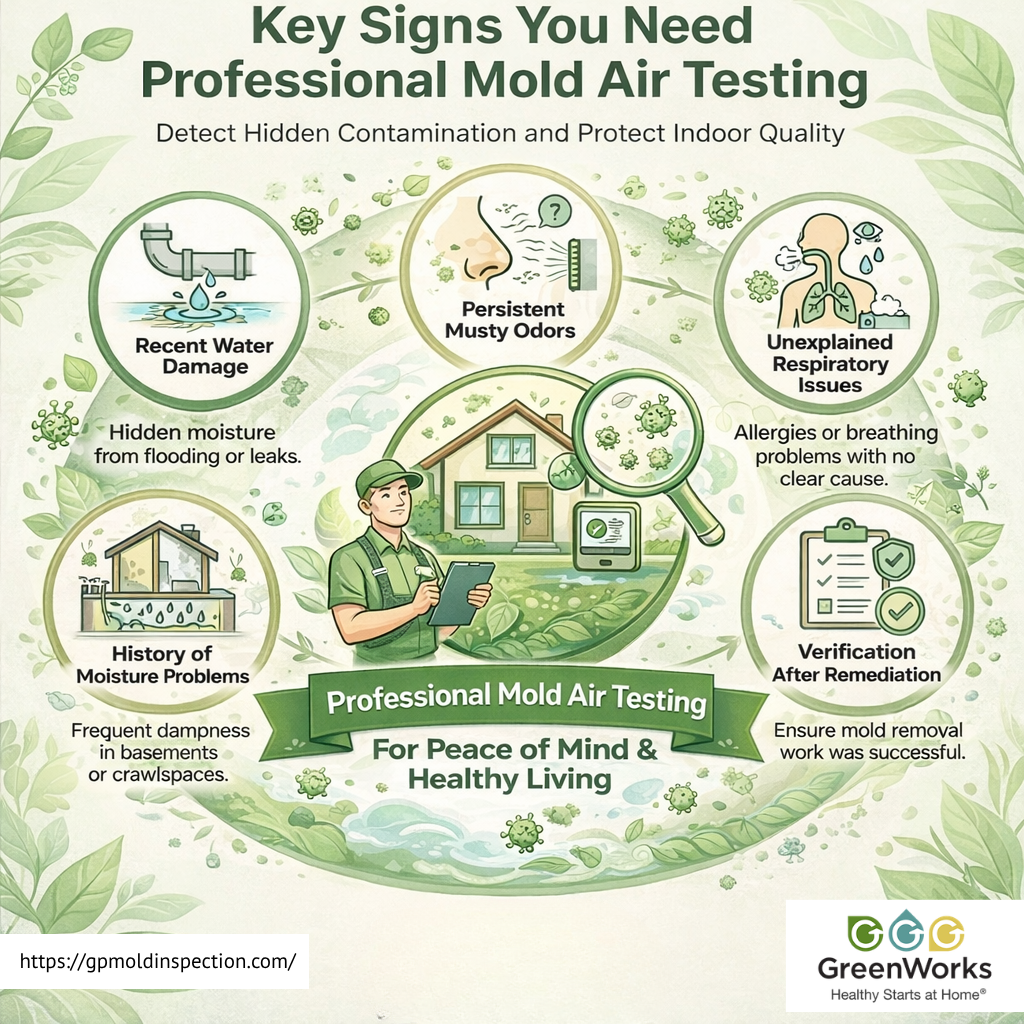 Infographic titled "key signs you need professional mold air testing" with illustrations of water damage, musty odors, respiratory issues, and a technician.