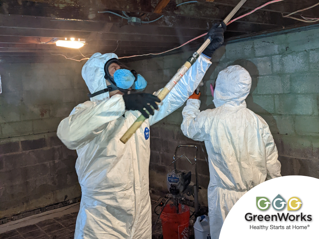 Two people in white hazmat suits and blue masks inspect a basement ceiling. One holds a pole, focusing intently. The room has gray concrete walls.