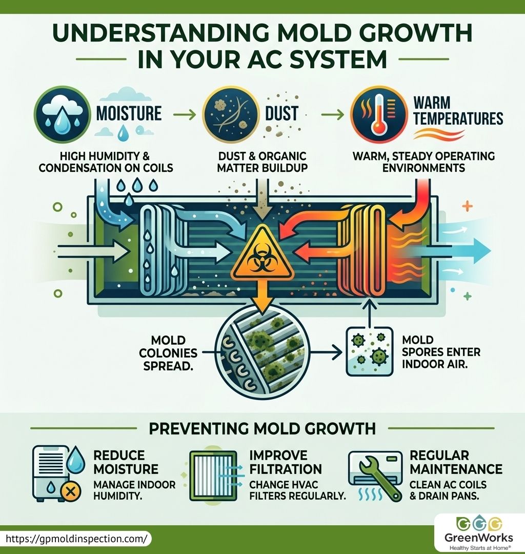Infographic illustrating the process of mold growth in an ac system, including moisture, dust, and warm temperatures, and providing tips on preventing mold growth by reducing moisture, improving filtration, and regular maintenance.