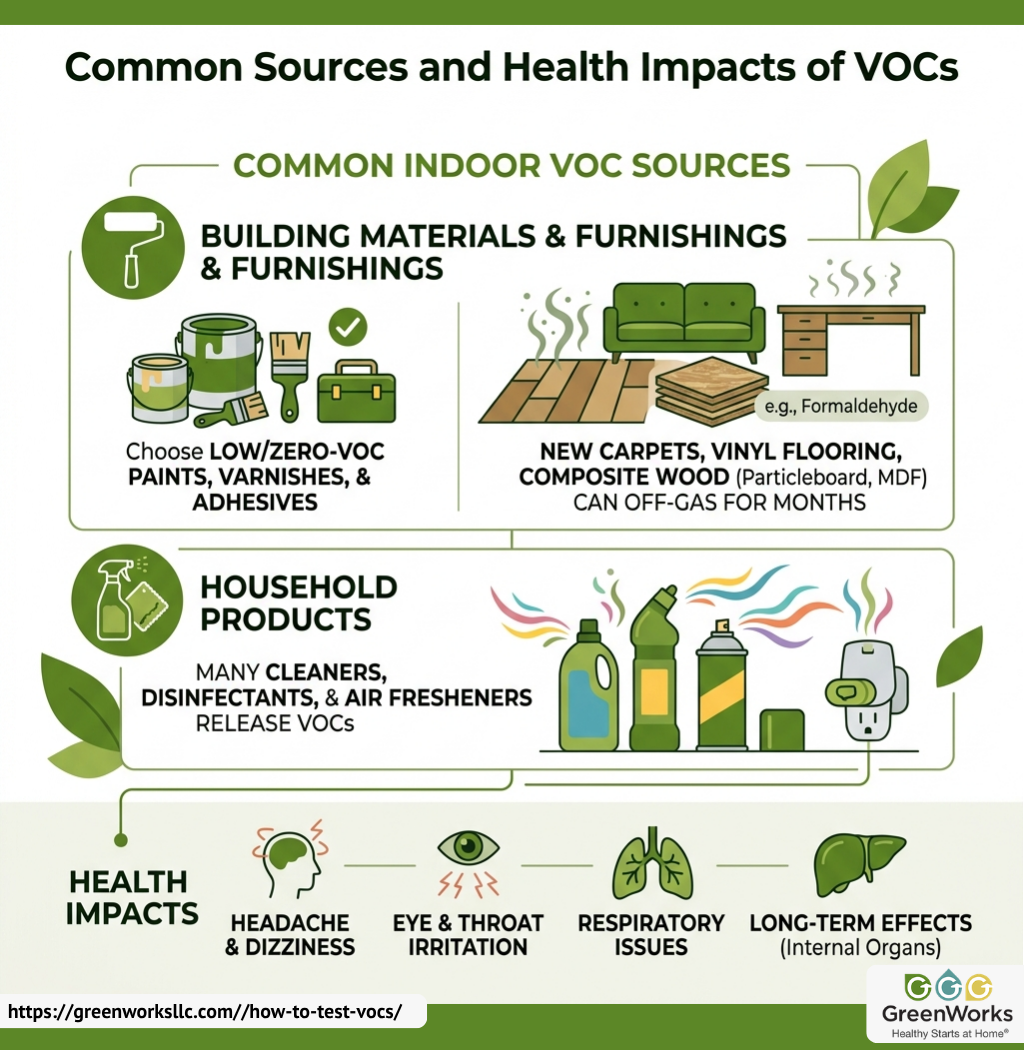 Infographic showing various sources of vocs and their potential health effects, emphasizing environmental concerns.