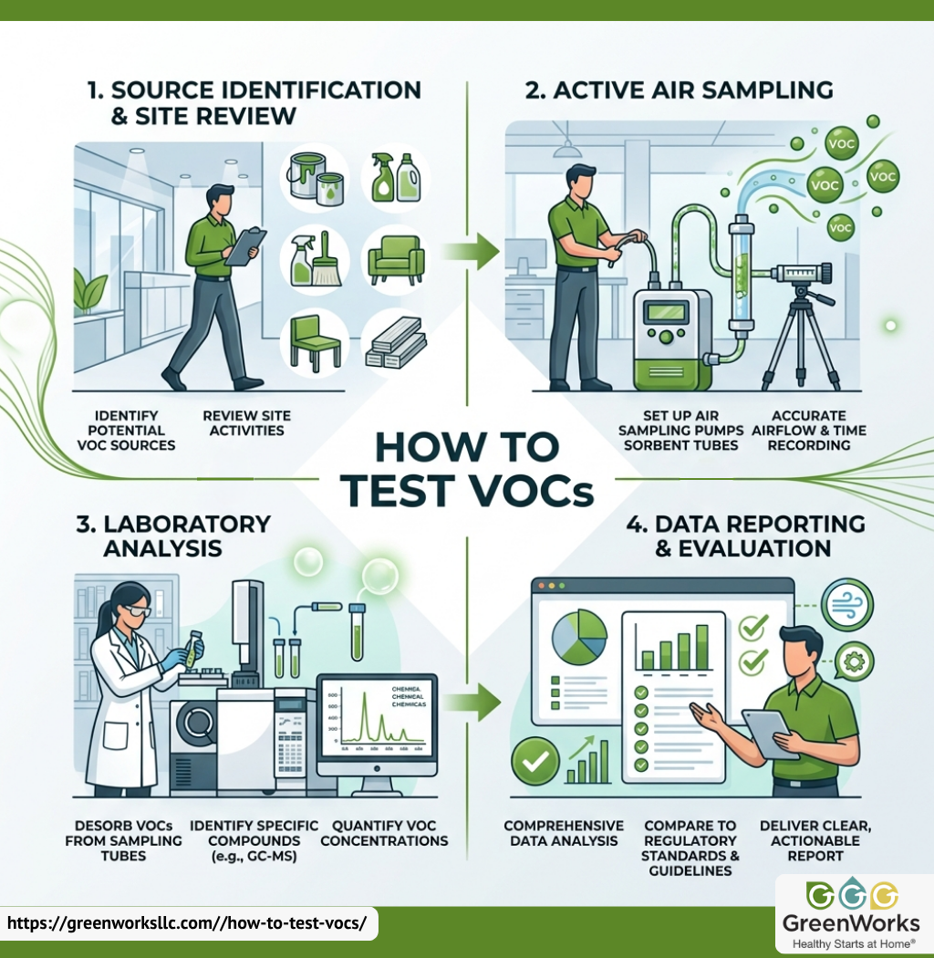 Infographic showing the procedure for testing volatile organic compounds (vocs) with necessary equipment and steps.
