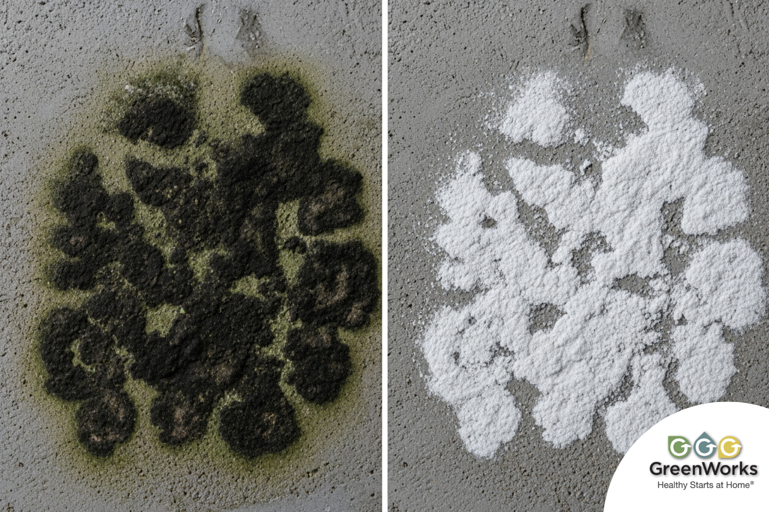 Split Image Showing Untreated Black Mold On The Left And Treated White, Powdery Surface On The Right. The Tone Is Instructional And Hygienic. Split image showing untreated black mold on the left and treated white, powdery surface on the right. The tone is instructional and hygienic.