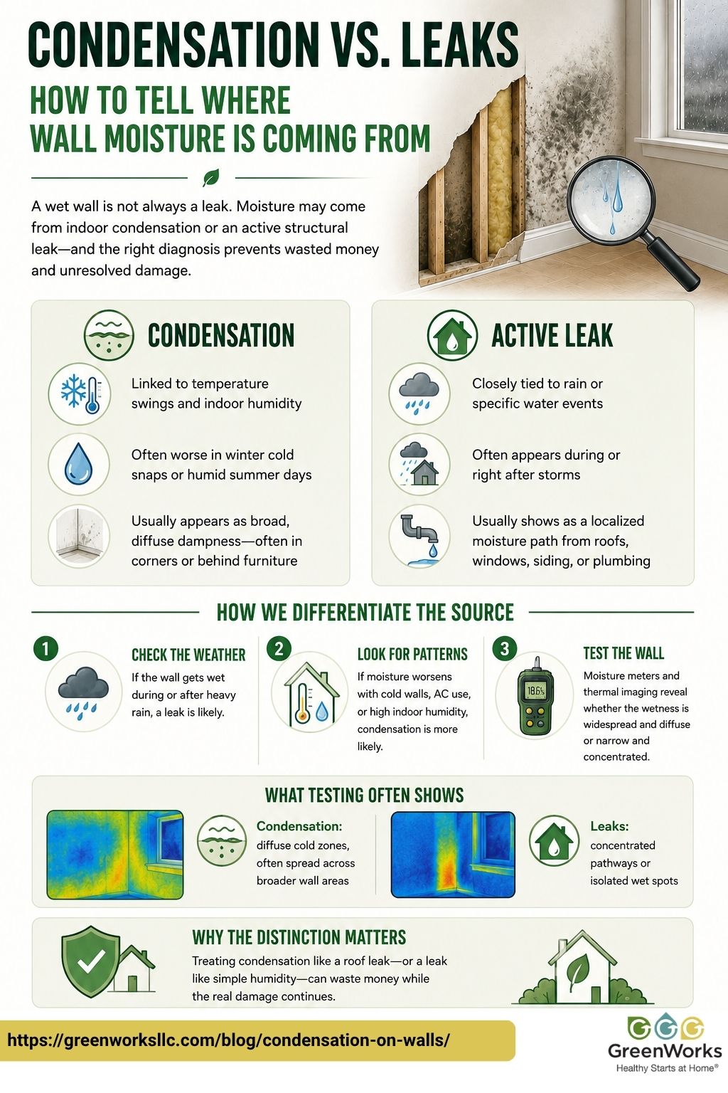 Infographic comparing condensation on walls versus active leaks, showing causes and testing methods.