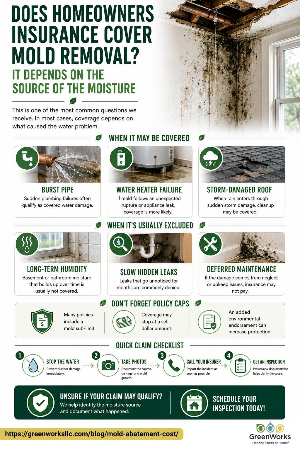 User-Inserted Infographic on homeowners insurance mold coverage, detailing covered and excluded causes.