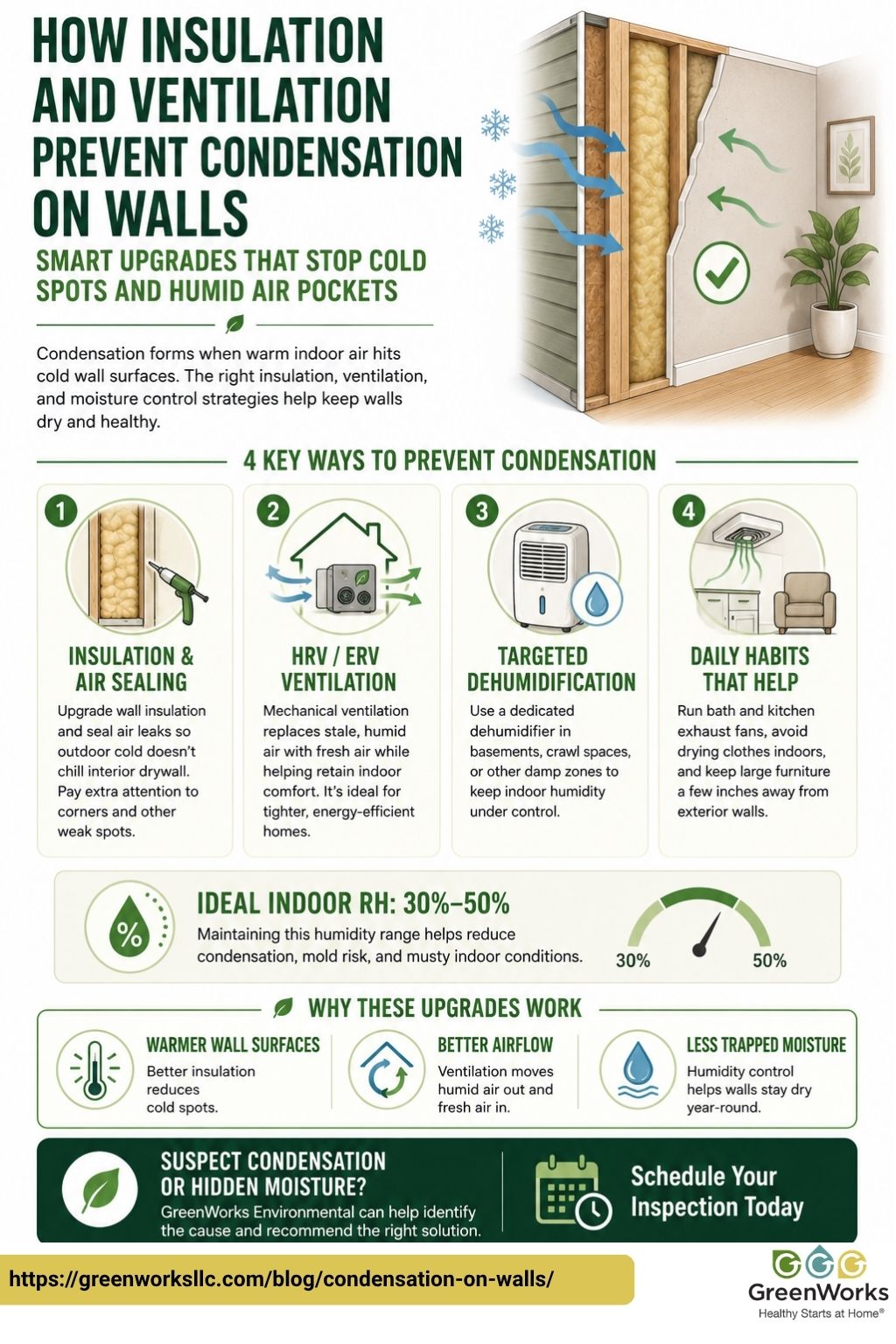 Infographic showing how insulation and ventilation prevent condensation on walls.
