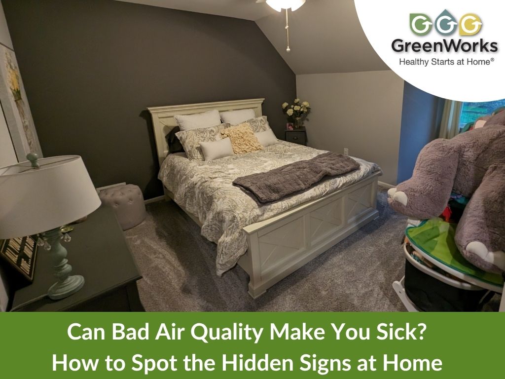 Bedroom with a bed, nightstand, and large stuffed animal, illustrating indoor air quality concerns.